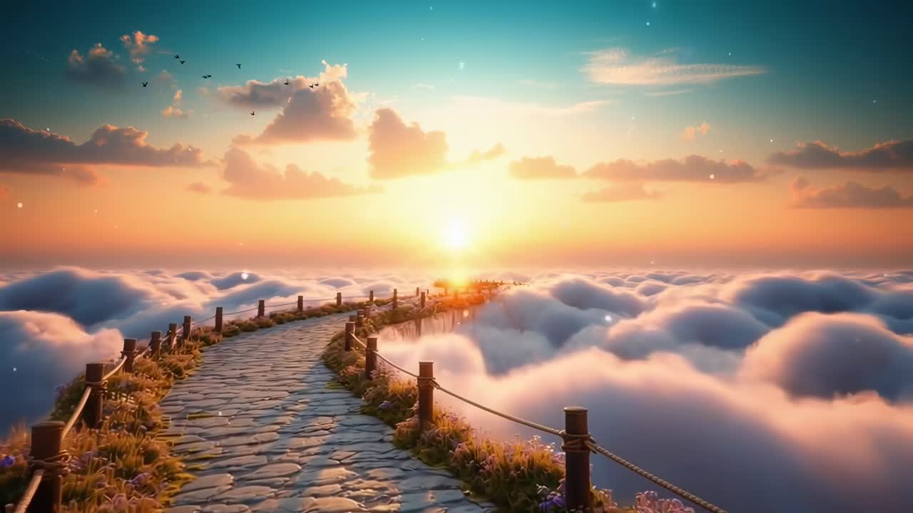 बादलों के ऊपर एक घुमावदार रास्ते के साथ स्वप्निल सूर्यास्त, ऊँचे कोण से लिया गया, वीडियो शैली