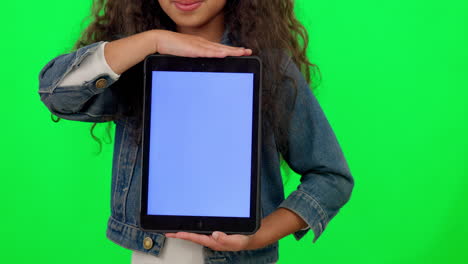 Tablet,-green-screen-and-girl-with-advertising