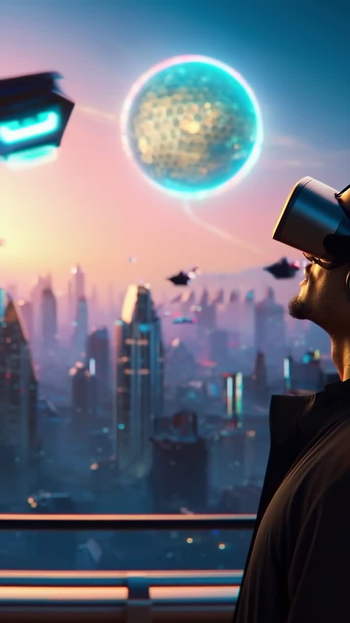 Concetto video futuristico con inquadratura dal basso di un uomo con visore VR, sfondo di paesaggio urbano
