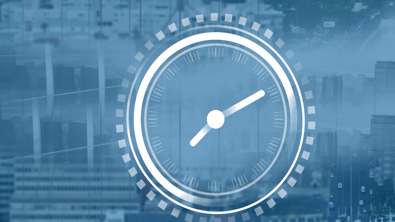 Animation of ticking clock icon against aerial view of city traffic