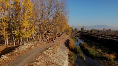 Man-riding-horse-on-path-through-yellow-poplars-raw-and-river-on-panoramic-field