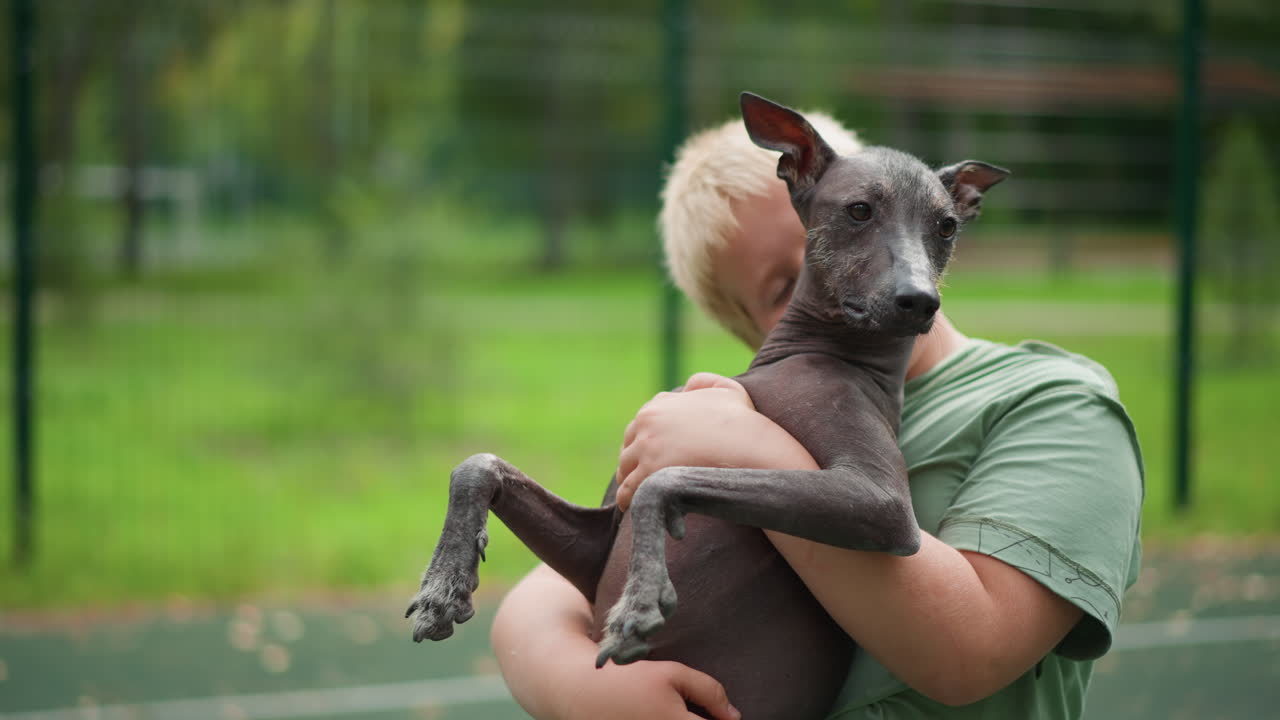Blond White Boy Hugging Joyful Dog In Green Park Closeup, Warm Embrace And Panting Smile, Mutual Trust And Tenderness, Possible Therapy Or Comfort Moment, Soft Background Blur And Candid Laughter