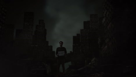 full body of distressed asian refugee male holding a paper with slogan no war while standing in the midst of a ruined city after a war