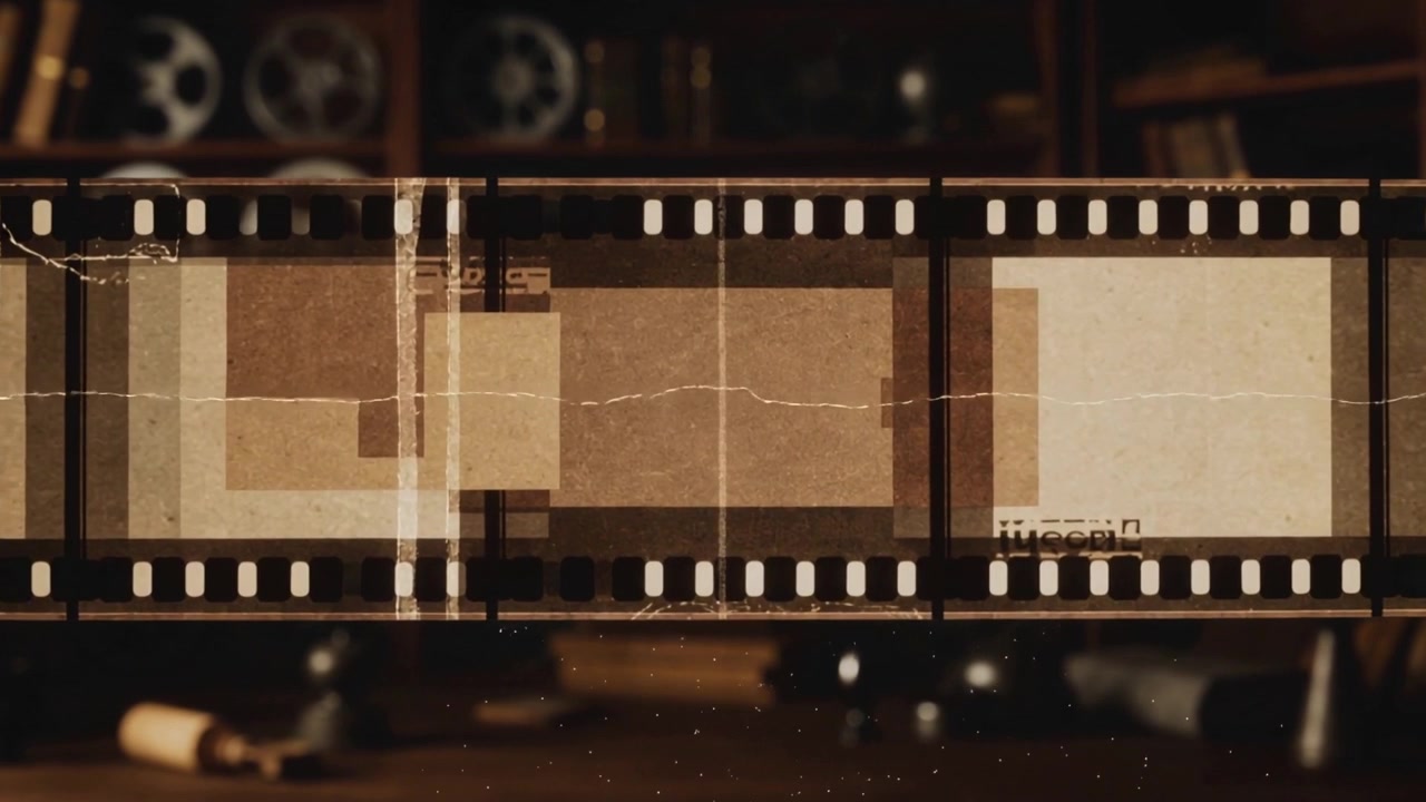 Ein sich bewegender 35mm Filmstreifen nach dem Start eines Projektors auf einem Archivstudio-Schreibtisch, der Perforationslöcher zeigt.