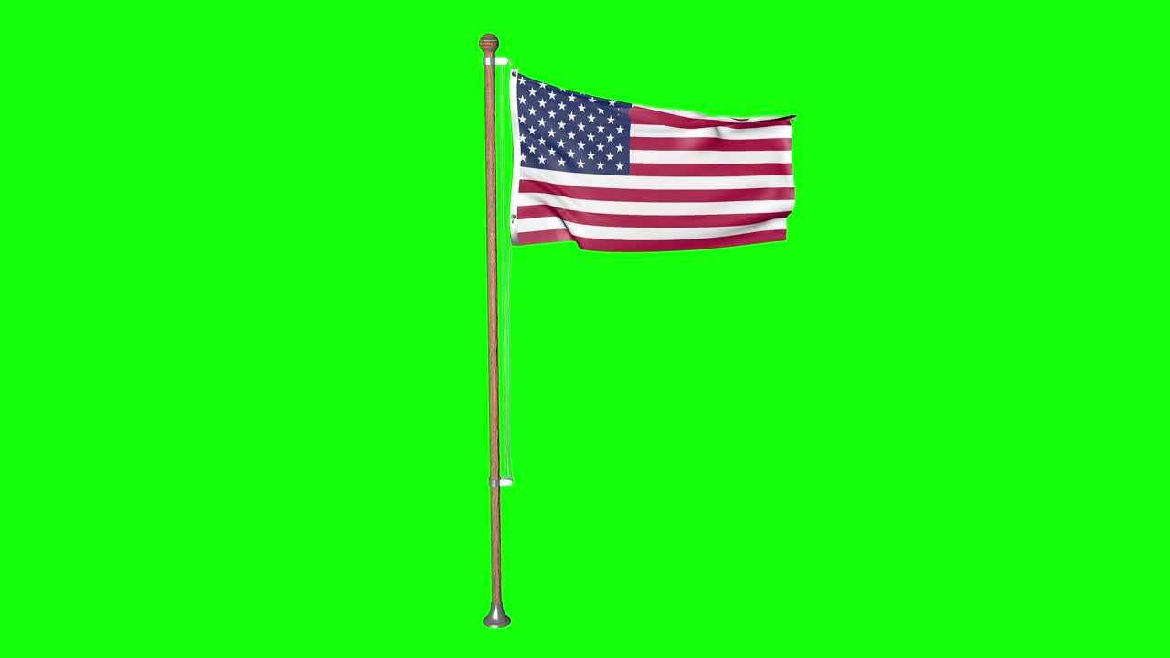 pantalla verde hiper realista bucle bandera de los estados unidos de américa con asta de bandera ondeando en el viento bandera norteamericana revoloteando animación 3d 4k
