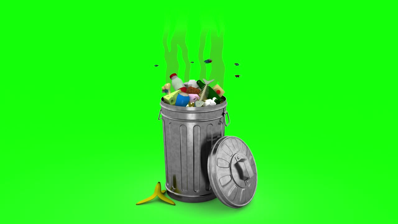 Smelly Garbage Bin. 3D animation. Green screen, loopable.