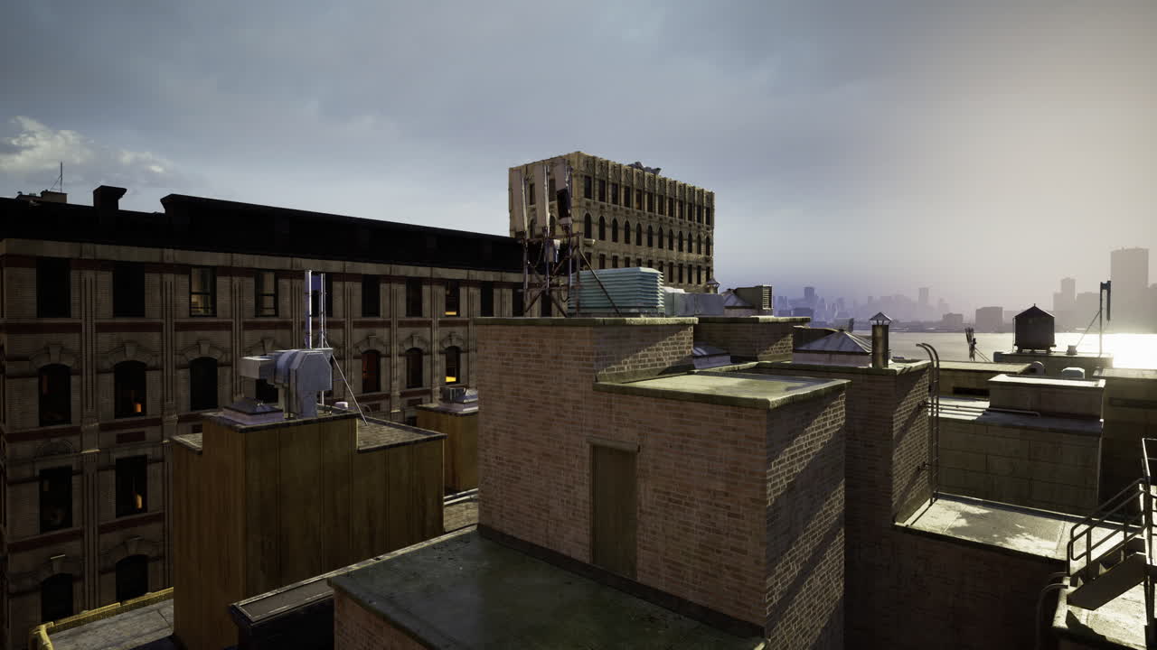 Urban skyline view with rooftops and a cloudy atmosphere at sunset