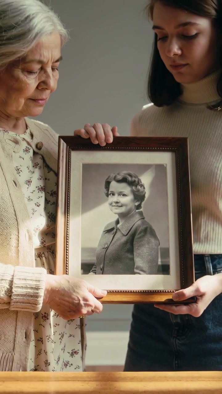 Vertical video: Camera pulling back gran wearing cardigan and teen holding portrait at home recall