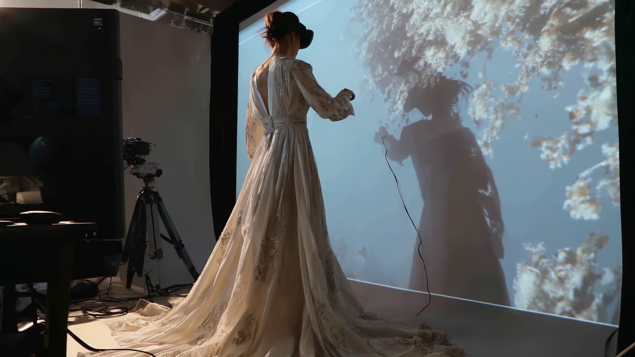 Una scena affascinante che ritrae una donna vestita con un abito elegante, intenta a utilizzare un sistema di realtà virtuale, sullo sfondo di immagini ipnotiche che evocano meraviglia e creatività in una fusione tecnologica