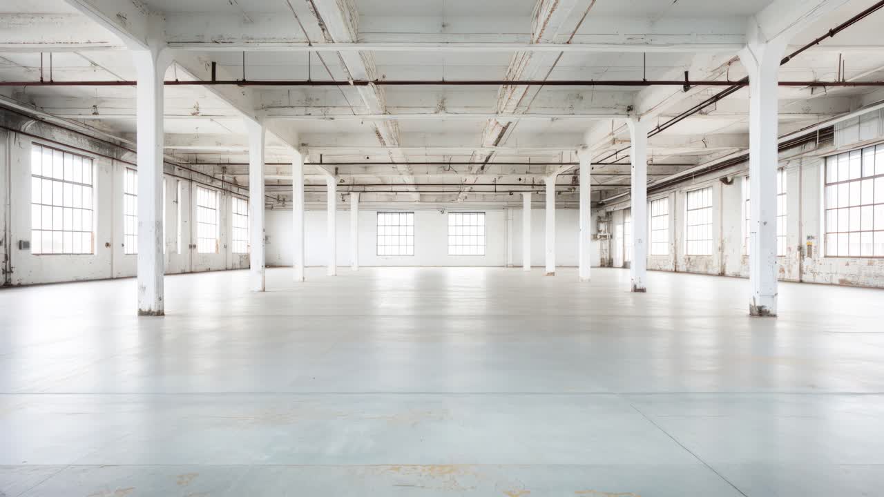 Wide-angle shot of a spacious, empty industrial warehouse with high ceilings and large windows