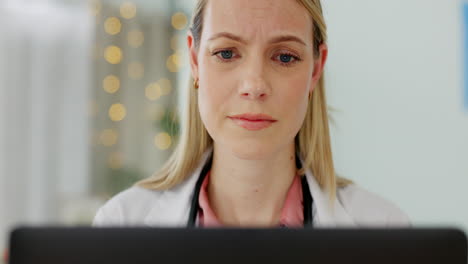 doctor, laptop and confused woman in office