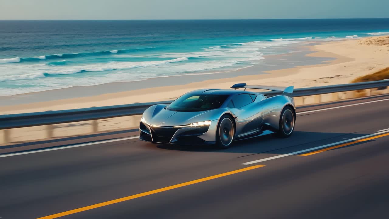 Futuristic Sports Car Driving on Coastal Road
