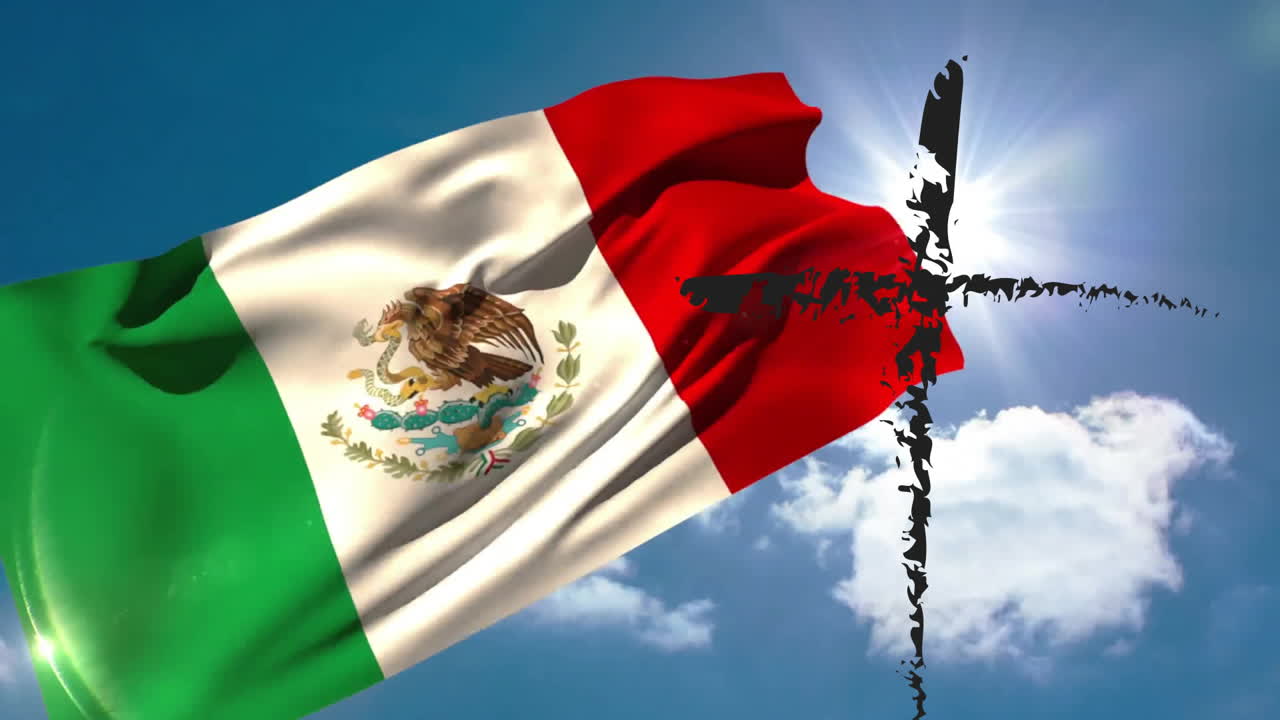 Waving Mexican flag with black cross silhouette against bright blue sky