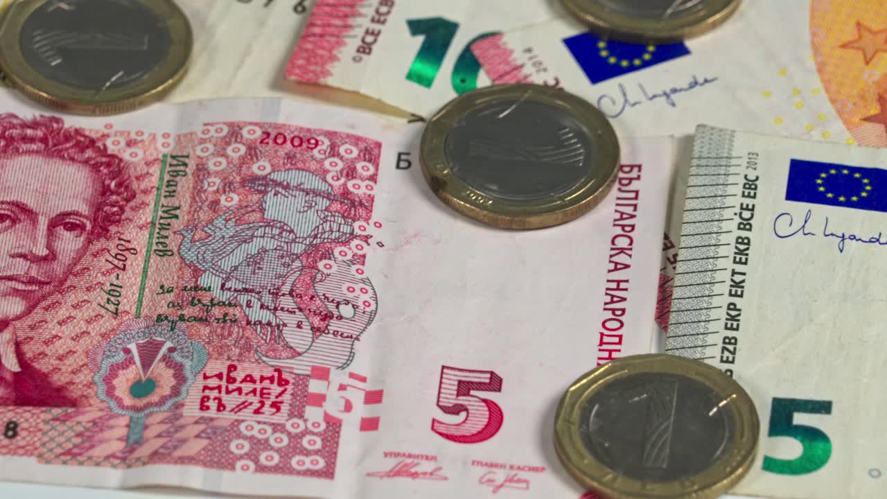 Currency from Bulgaria and Europe on a surface with coins and notes