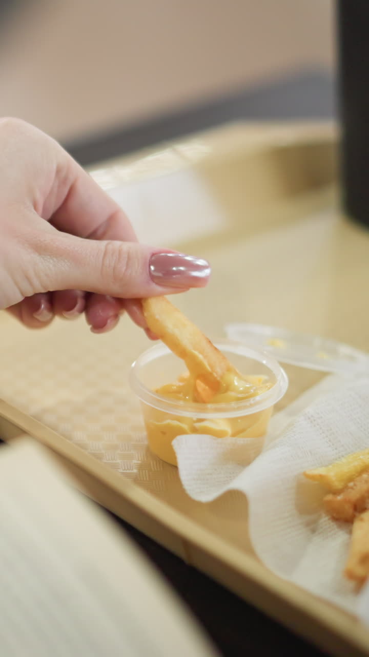 Close-up of hand dipping golden French fry into creamy cheese sauce in take-out container, soft-focus background with blurred light and modern dining environment