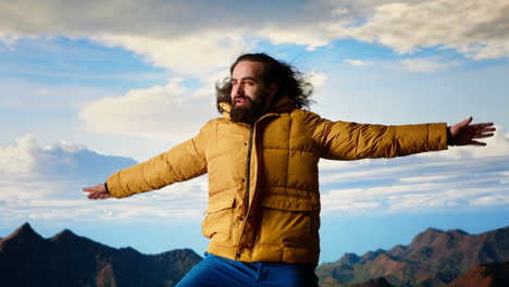 happy adventurer embraces the thrill of standing at the top of the mountain