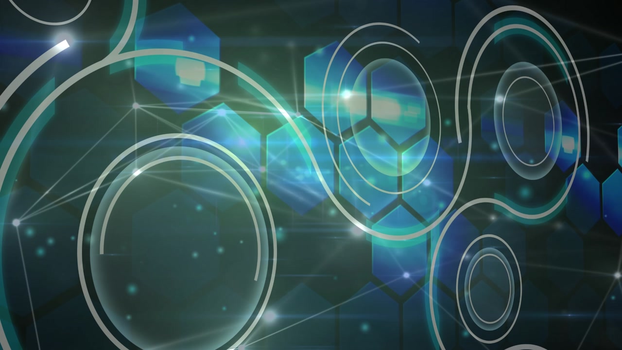 Animation of network of connections over shapes on black background