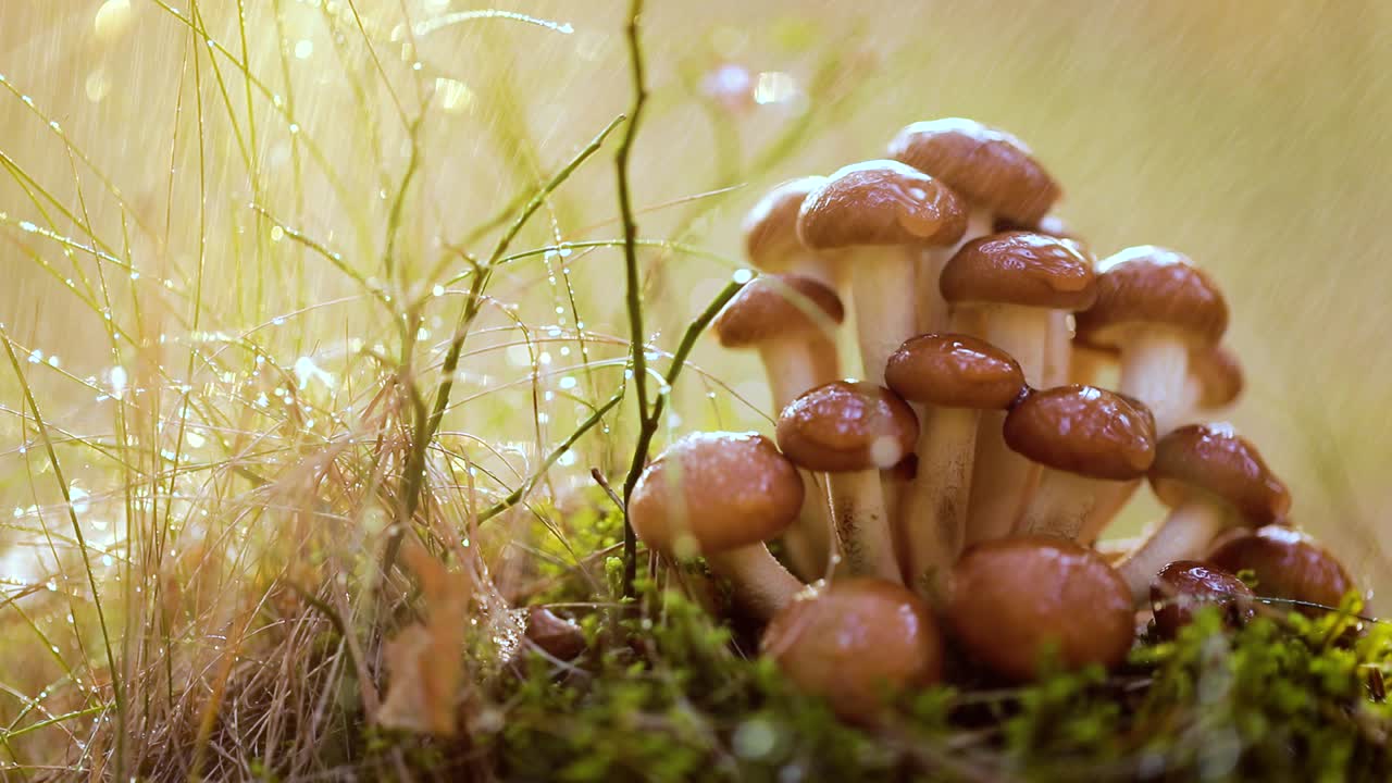 Armillaria Mushrooms of honey agaric In a Sunny forest in the rain.
