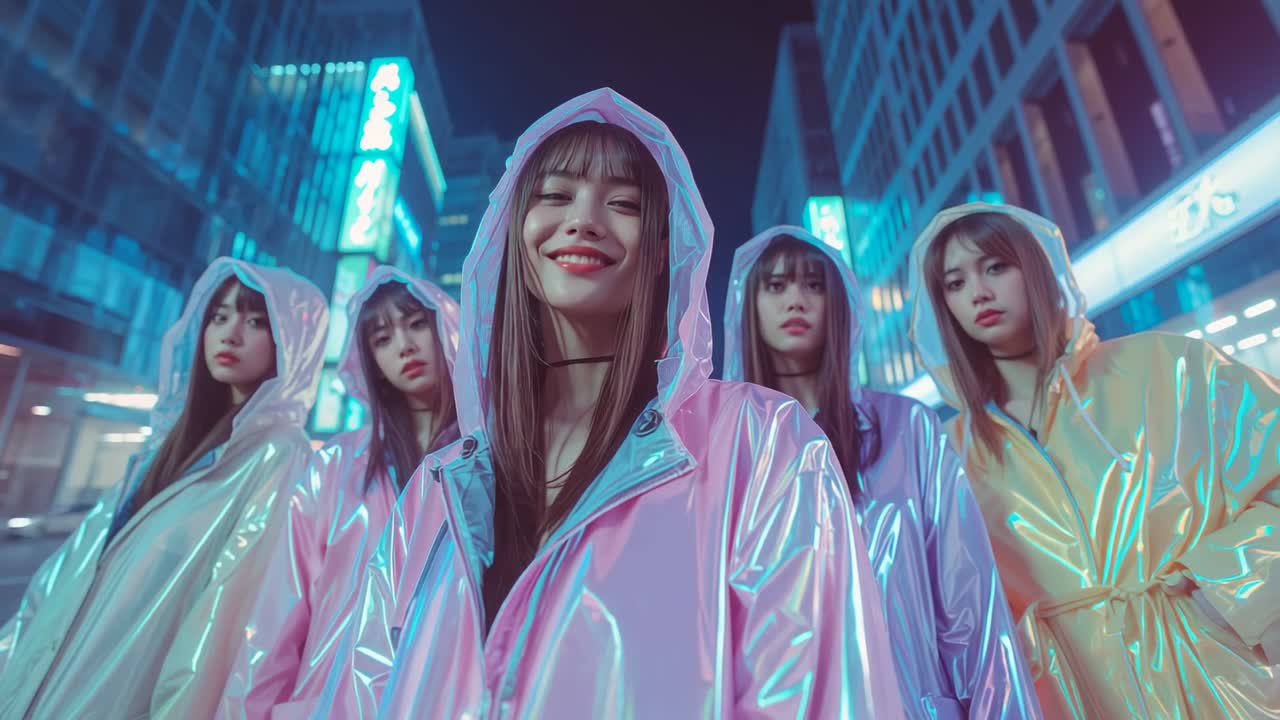 Camera zooming upward capturing five Asian models standing on neon street, showcasing shiny coats