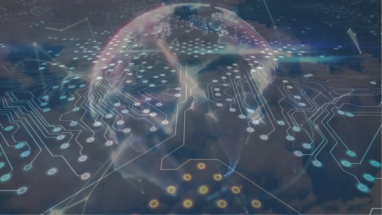 Animation of computer circuit board and globe over sky with clouds