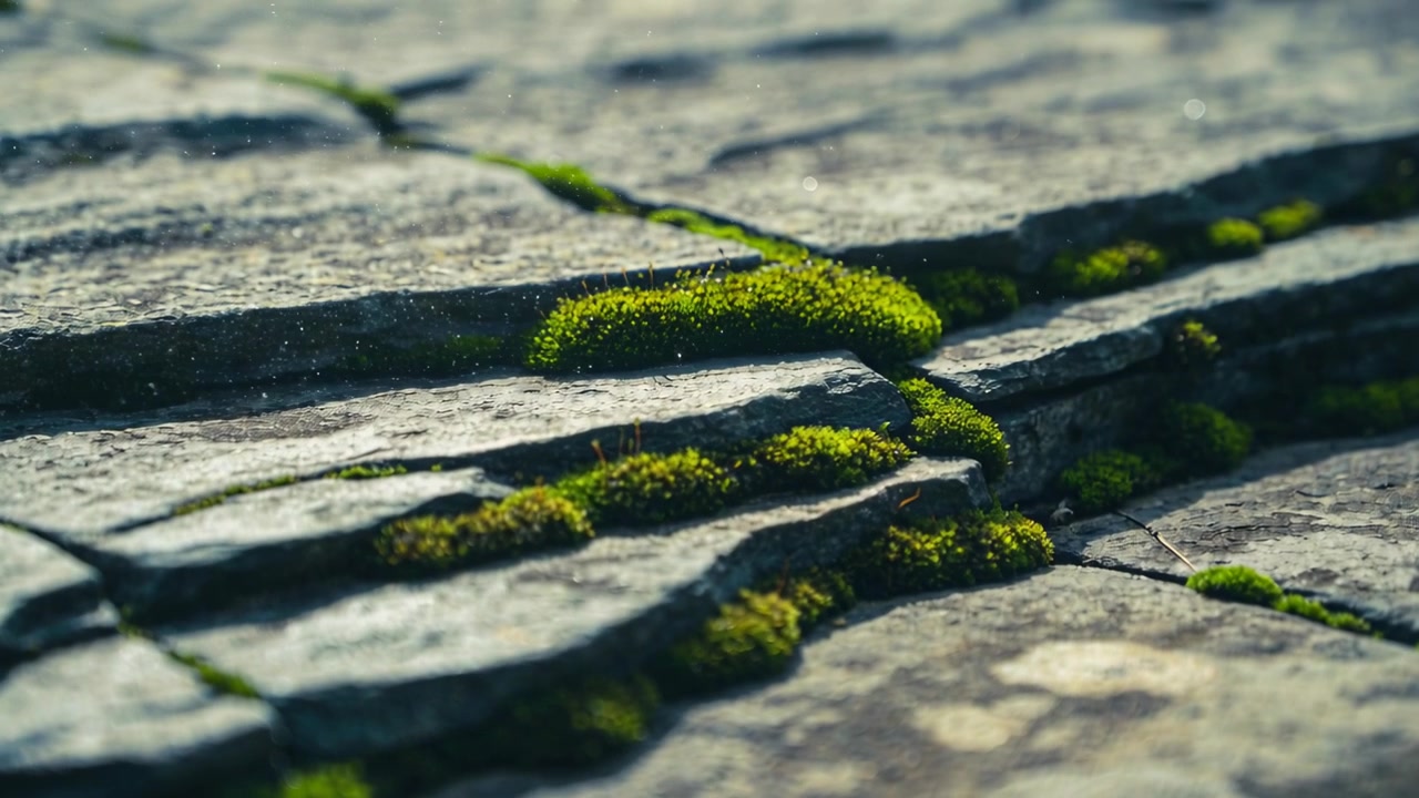 Telecamera che si sposta mettendo a fuoco il muschio verde su lastre di pietra che mostrano la texture, con moti di polvere che fluttuano.