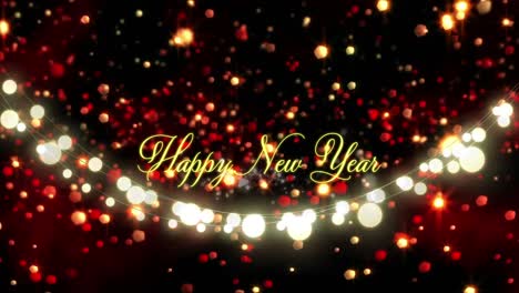 animation of happy new year text over light spots on black background