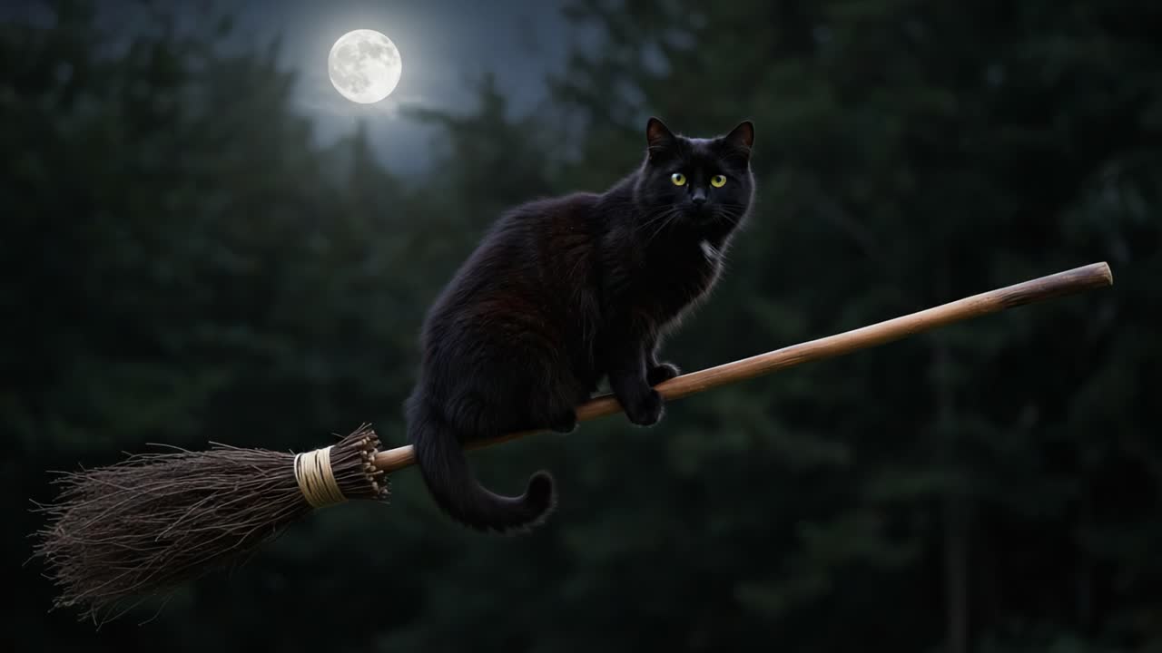 A Mysterious Black Cat Witches Its Way Through the Moonlit Night, Perched Gracefully on a Broomstick Against a Backdrop of Darkened Pines
