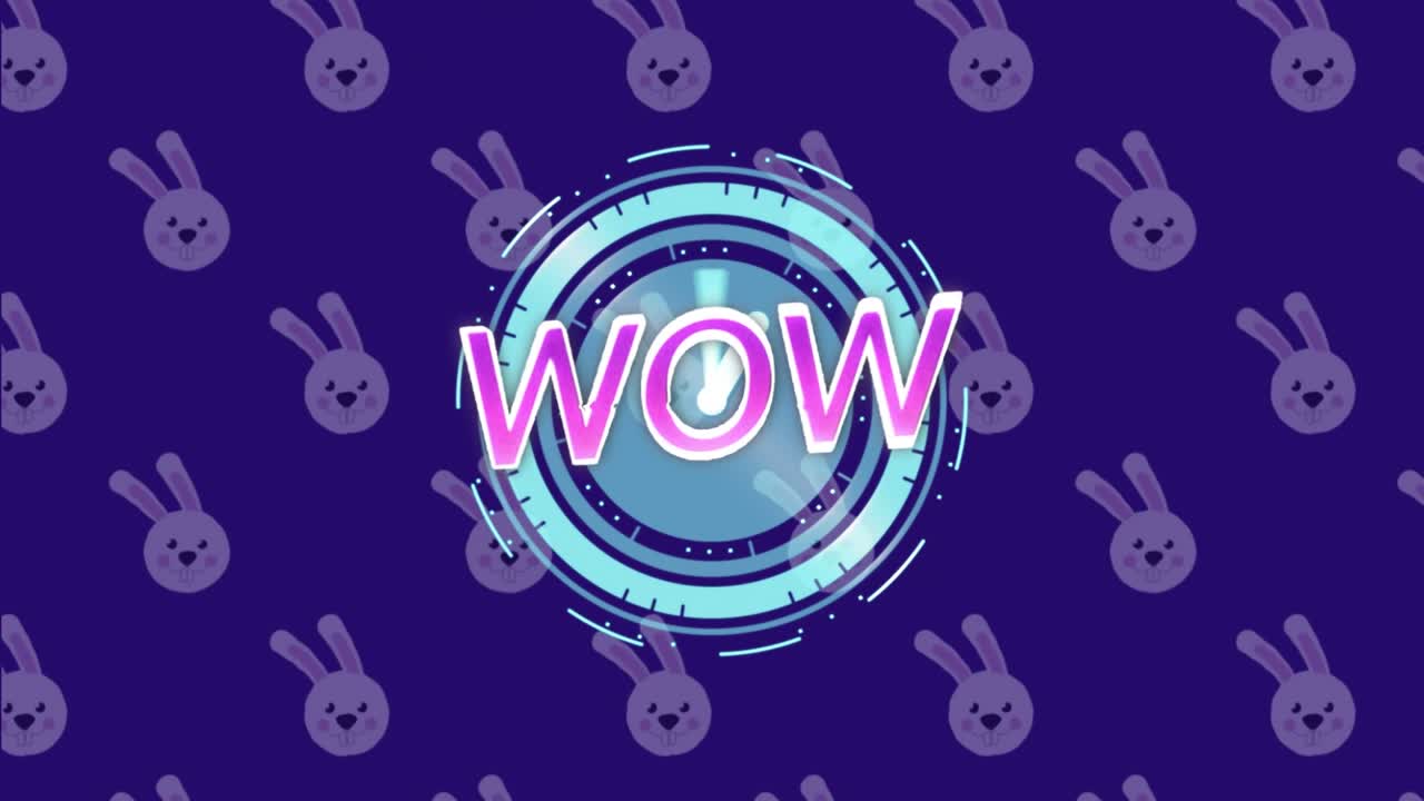 파란색 배경 위 스코프 스캔과 토끼 아이콘 위에 와우(Wow) 텍스트 애니메이션.