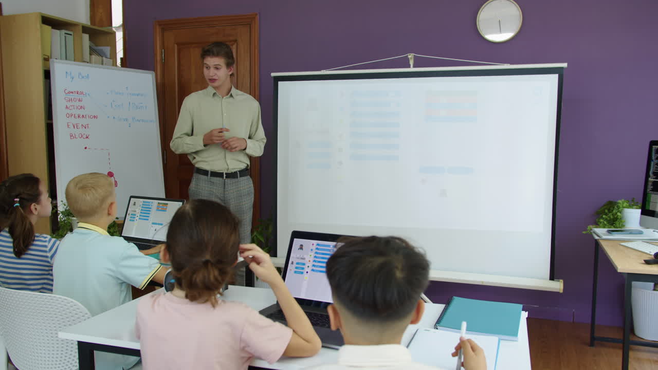 Young Teacher Having Programming Lesson with Group of Kids