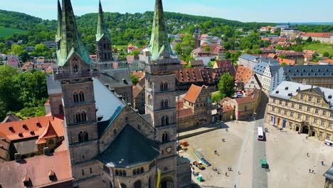 4k aerial drone video of the historic bamberg cathedral, neue residenz palace, and and michaelsberg abbey in bamberg, germany