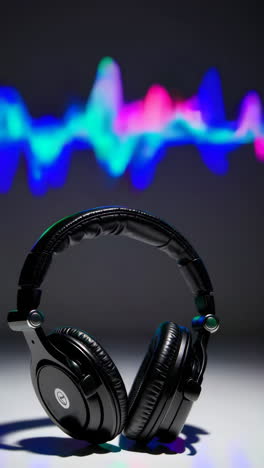 black headphones on a white surface with colorful sound wave background