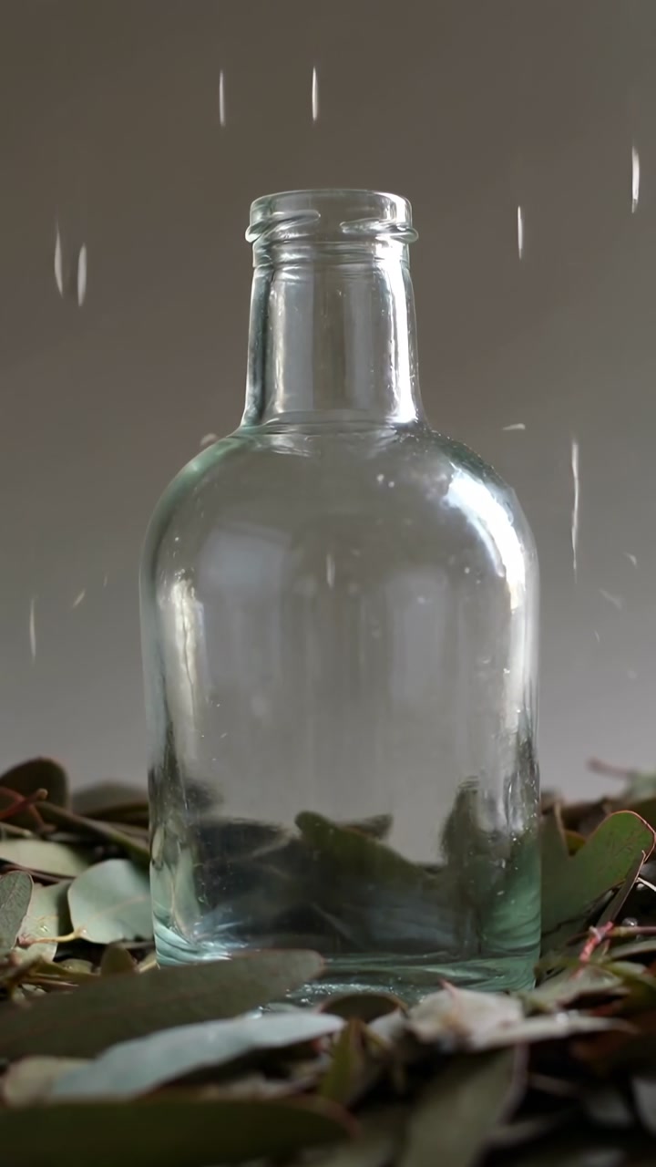 Vertical video: Catching glass bottle reflecting water streaks from above on table with eucalyptus