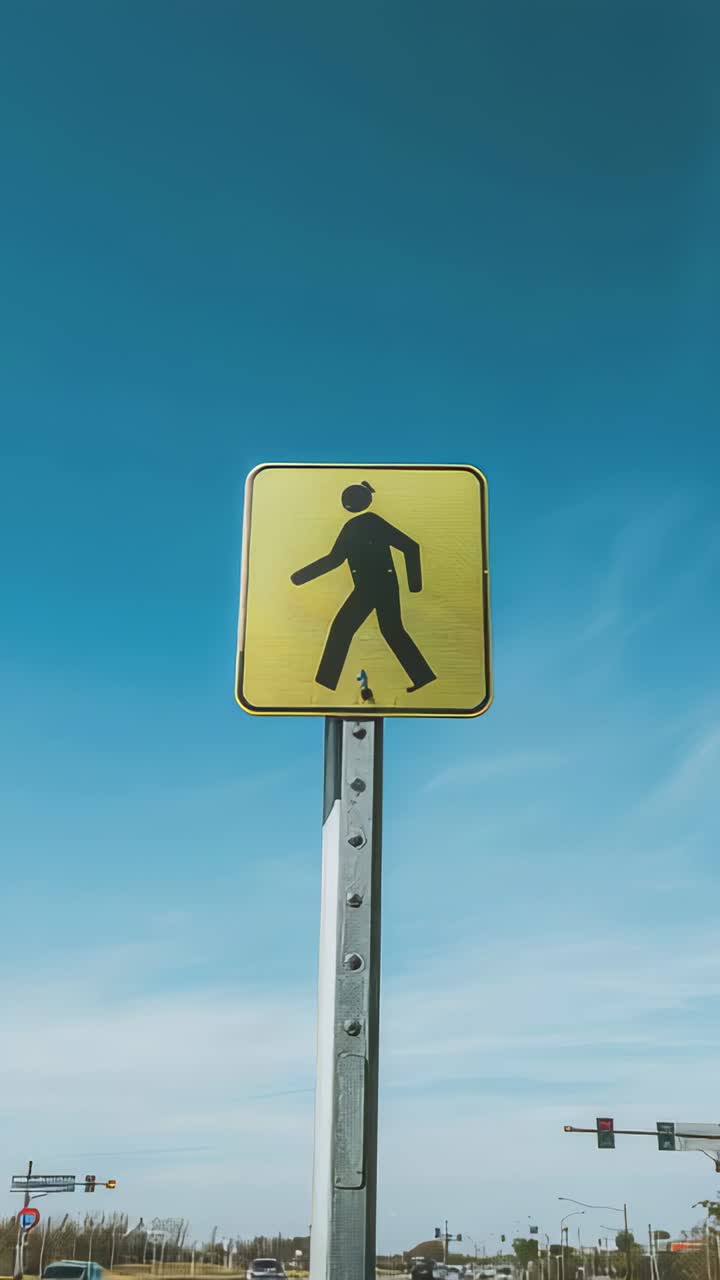 Vertical video: Tilting camera bringing yellow crosswalk sign closer at roadside, showing rivets