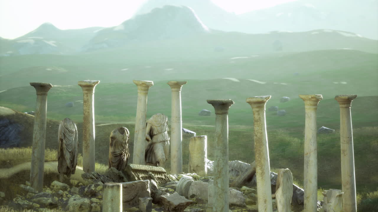 Ancient ruins with columns and statues in a misty landscape at dawn