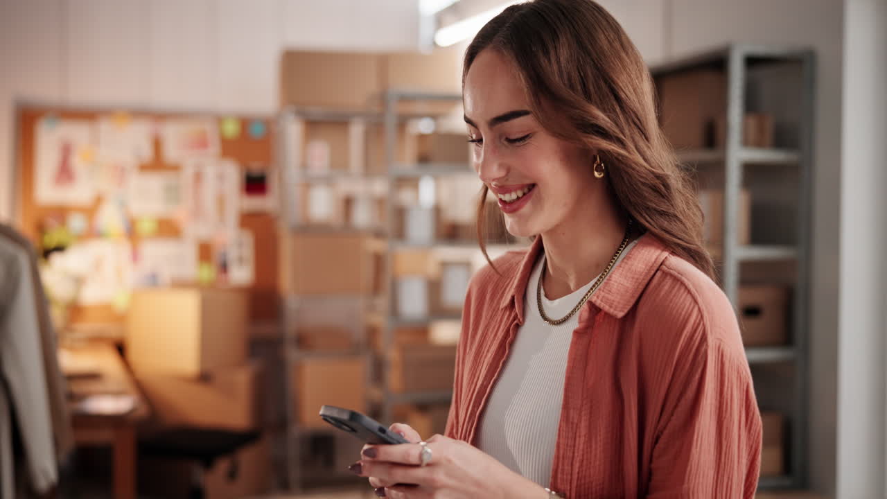 Imprenditrice sorridente che usa lo smartphone nel suo ufficio di piccola impresa