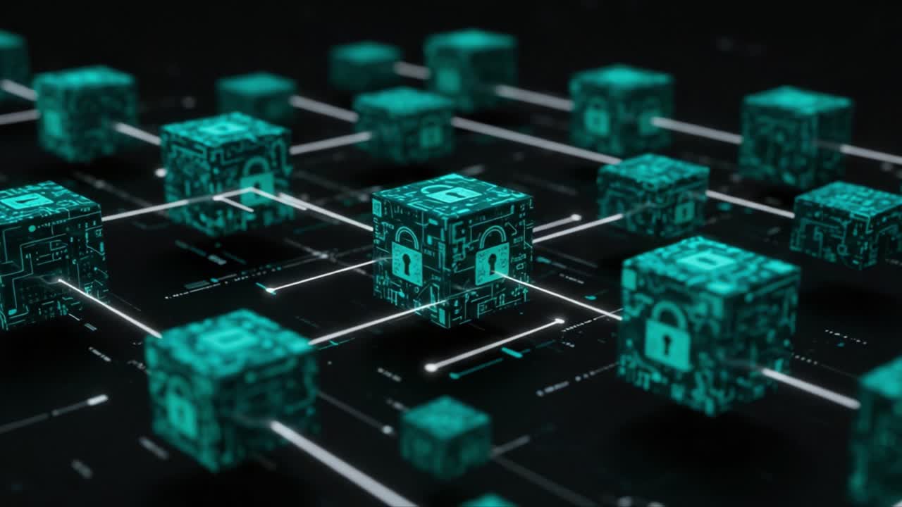 Advanced Digital Security Infrastructure: A Visualization of Interconnected Data Blocks Featuring Encryption Symbols and Network Connections