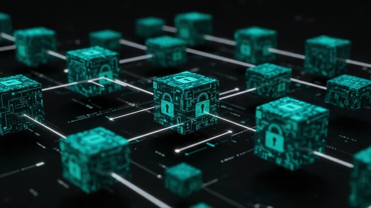 Advanced Digital Security Infrastructure: A Visualization of Interconnected Data Blocks Featuring Encryption Symbols and Network Connections