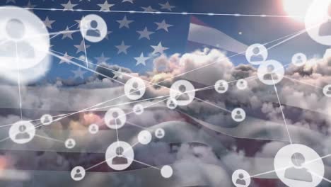 Animation-of-network-of-connections-with-icons-over-flag-of-united-states-of-america-and-clouds