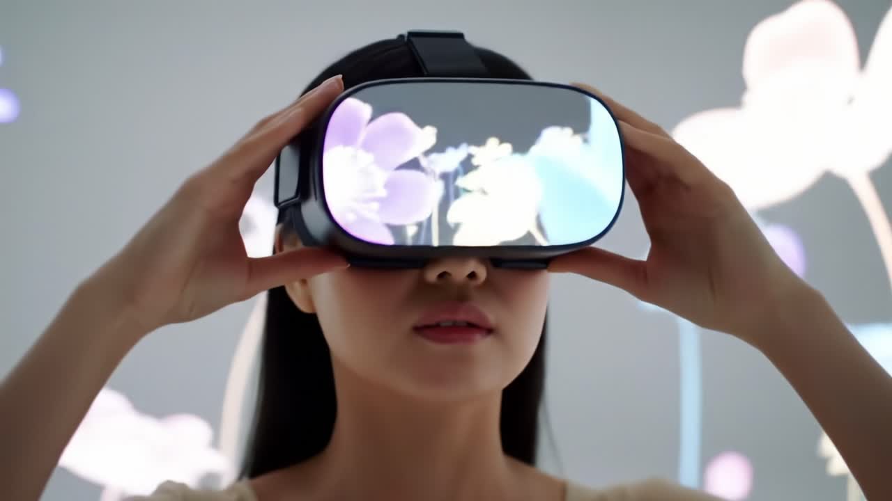 Exploring Virtual Realities: A Young Woman Experiences an Immersive World Through Advanced VR Technology Surrounded by Colorful Floral Projections