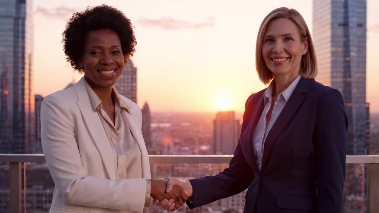 Duas mulheres profissionais sorriem e celebram contra um belo horizonte ao pôr do sol, exibindo empoderamento, conexão e sucesso em suas carreiras e vidas.