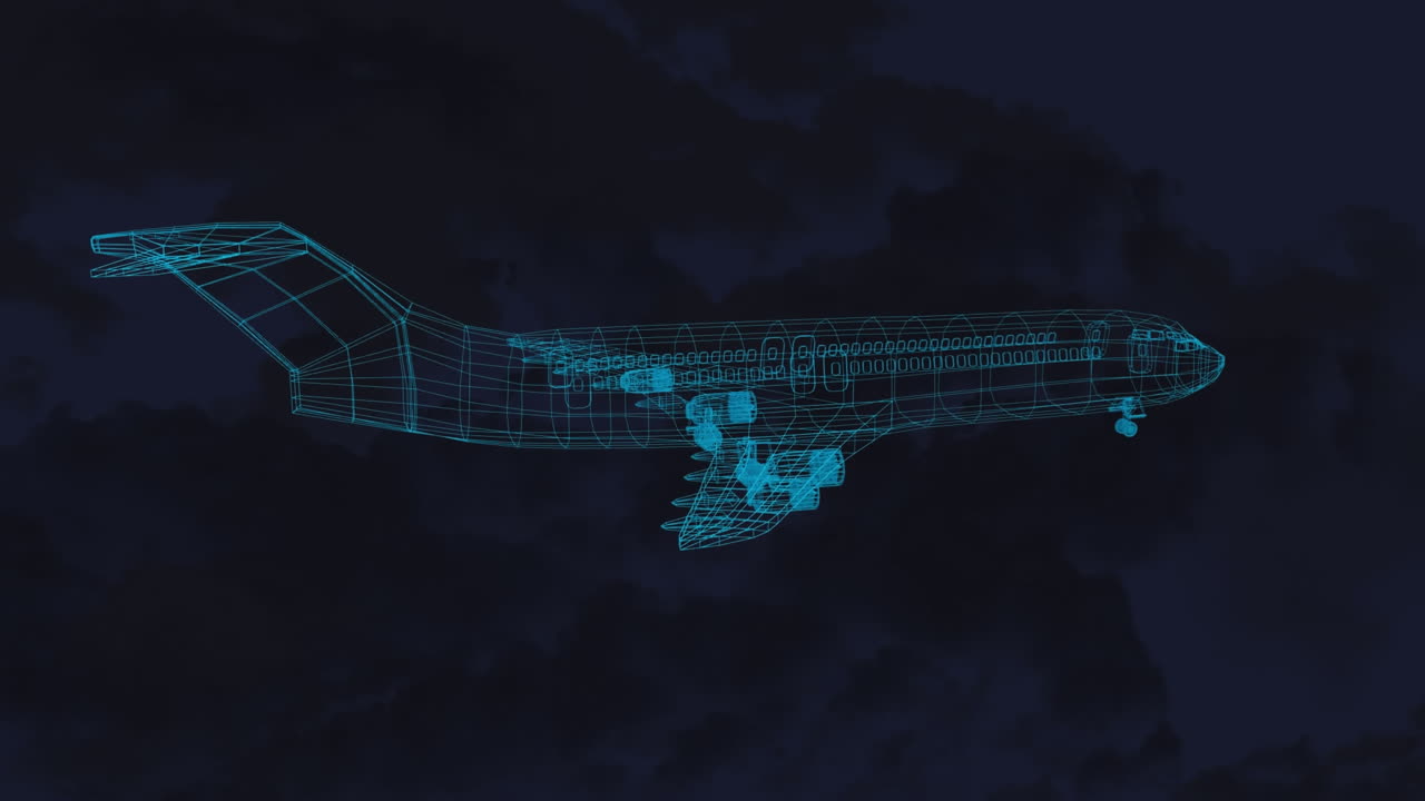 animación de un dibujo técnico 3d de un modelo de avión y destello de luz