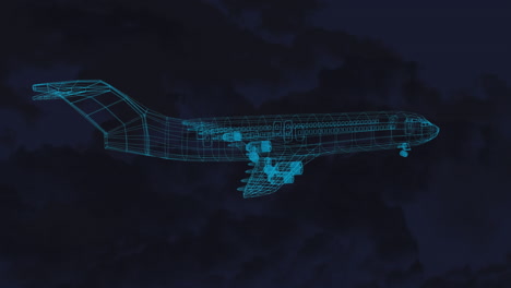 animation of 3d technical drawing of model of aeroplane and flash of lighting