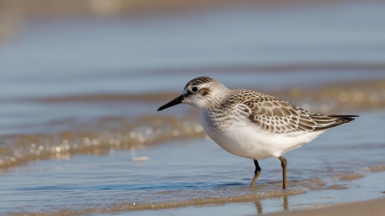 A captivating shorebird moves along the shoreline, exploring the water's edge with great curiosity and grace, offering a stunning view of nature's beauty