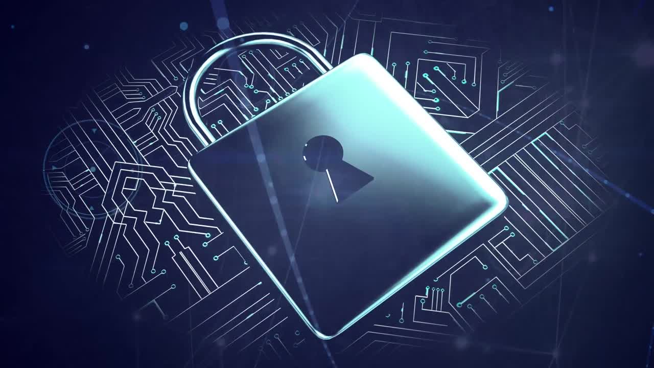 animación de redes de conexiones y icono de candado sobre fondo negro