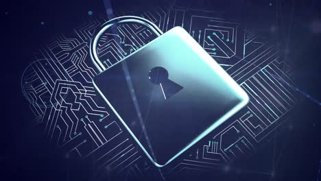 Animation of networks of connections and padlock icon over black background