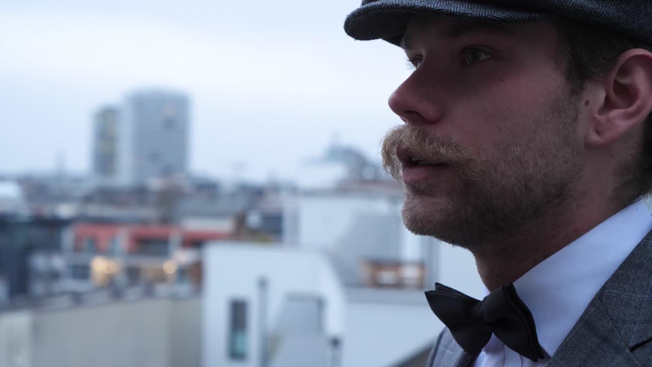 여기서 당신은 사랑스러운 콧수염과 베레모를 쓴 잘 차려입은 남자를 볼 수 있습니다.