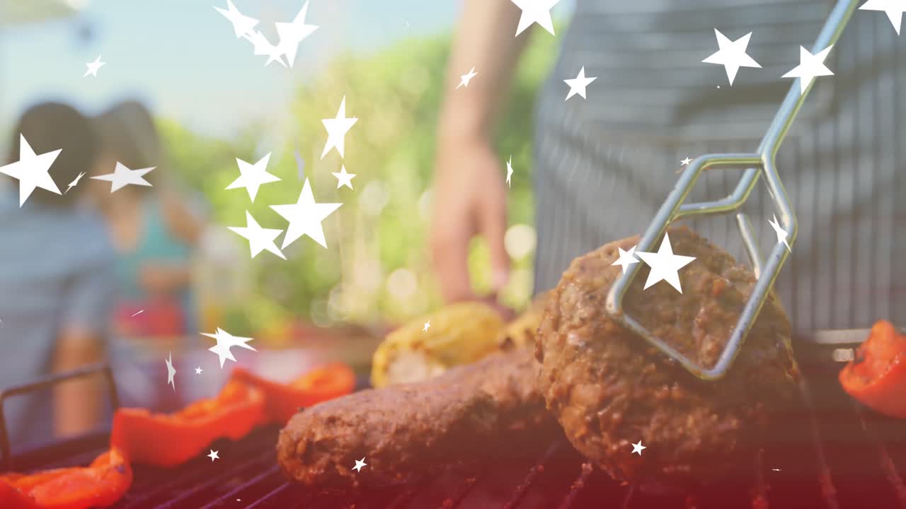 행복한 백인 가족이 얘기하고 바비큐를 하는 별들의 애니메이션