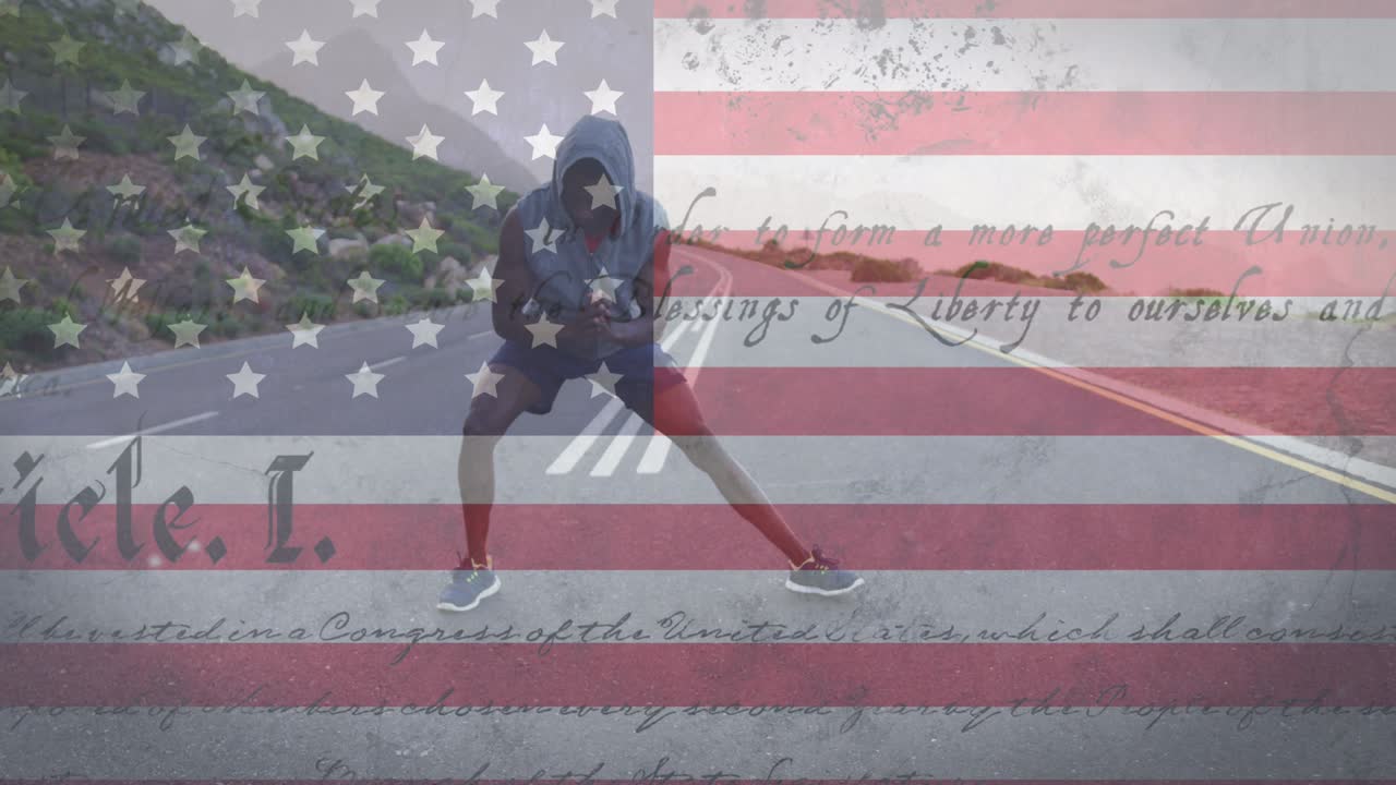 animación de la bandera estadounidense y texto moviéndose sobre el hombre estirándose en la calle