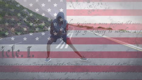 animation of american flag and text moving over man stretching on street
