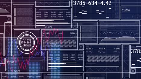 Animation-of-increasing-numbers,-loading-bars-and-abstract-patterns-over-graphs-with-numbers